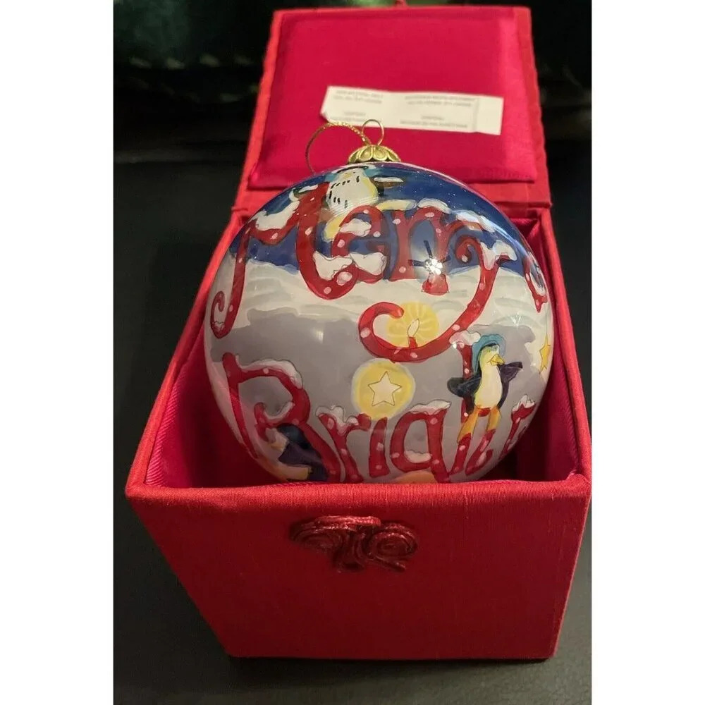 Pier 1‎ Imports Li Bien 4” Large Hand Painted Penguins Christmas Ornament 2010